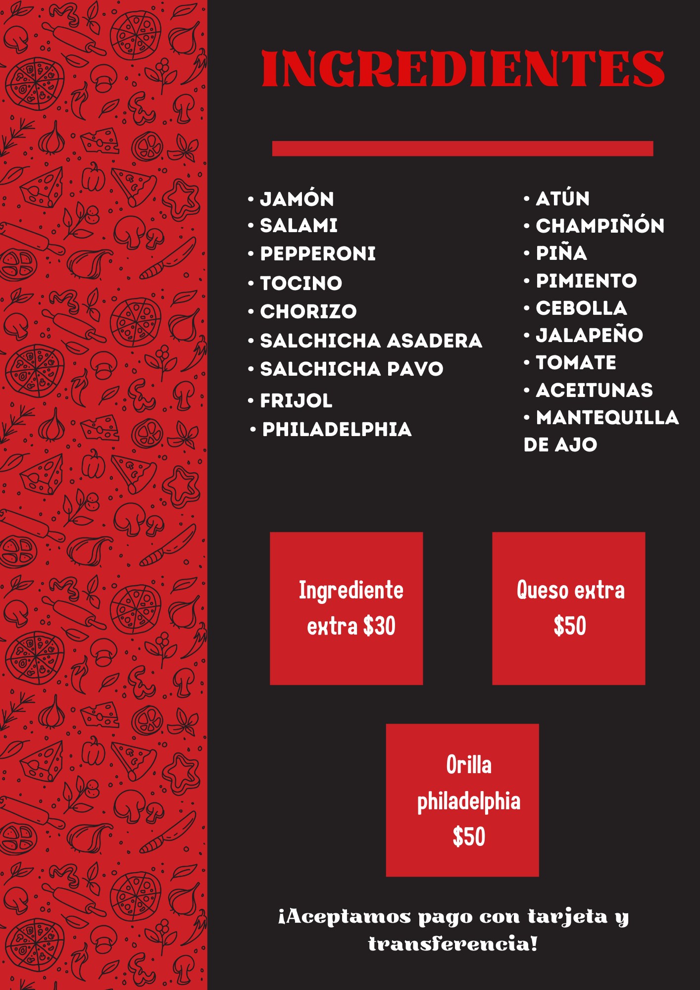Ingredientes disponibles y extras