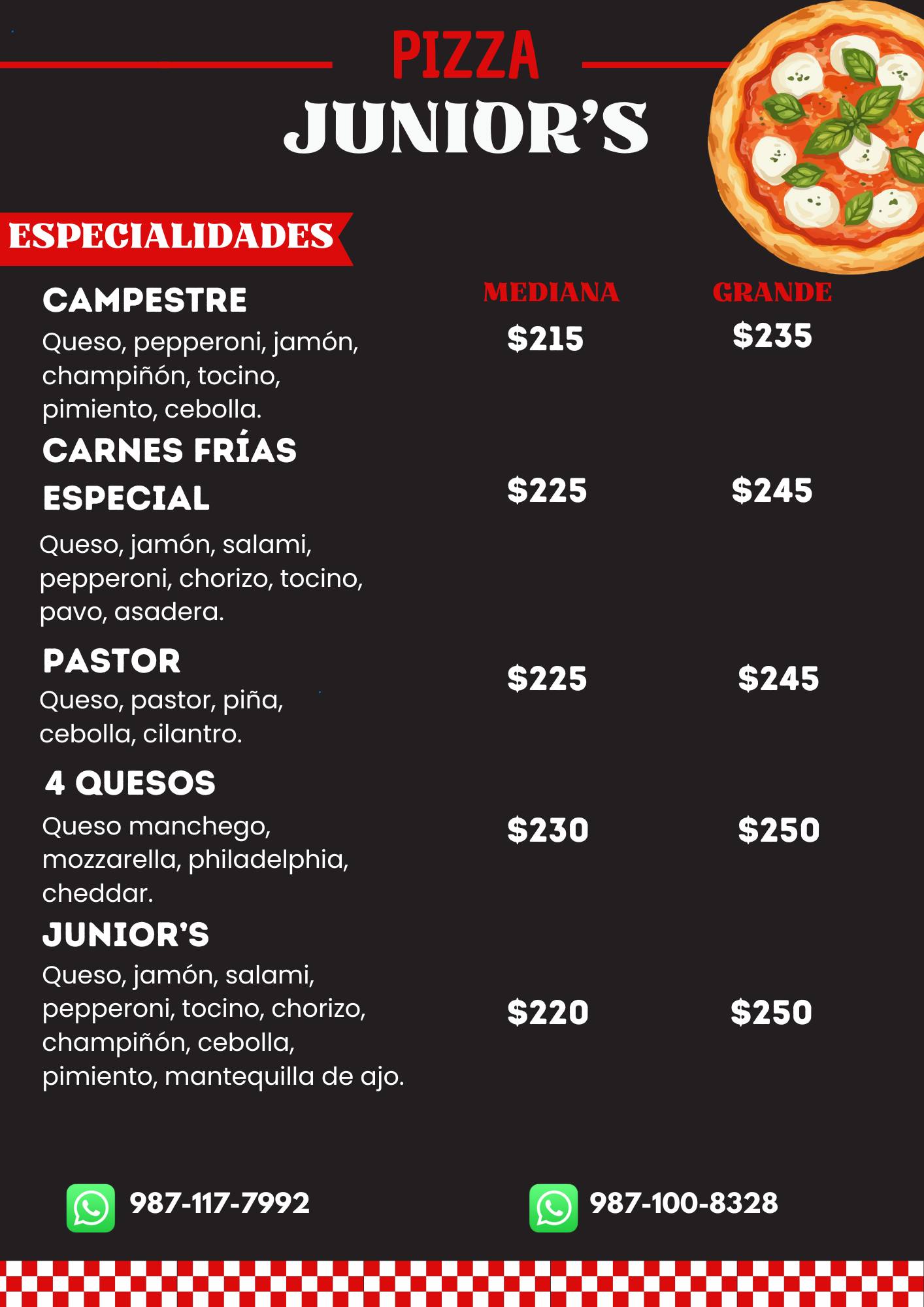 Menú Premium — Campestre, Pastor, 4 Quesos, Junior's